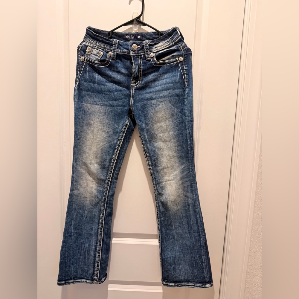 Miss Me Flare Jeans in Distressed Blue, Curvy Boot